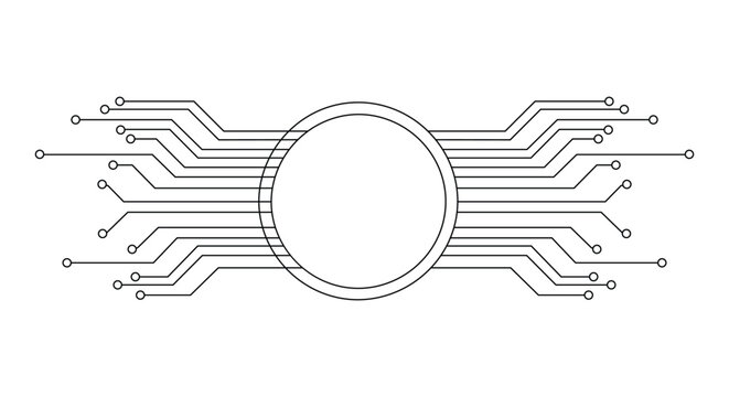 Circuit board network connection node with lines and dots representing digital data transmission