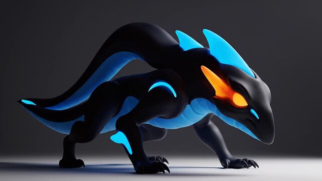 Mysterious futuristic creature with glowing blue and orange eyes, poised in a dark studio setting