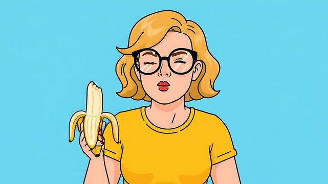 Woman eating banana in cartoon style.