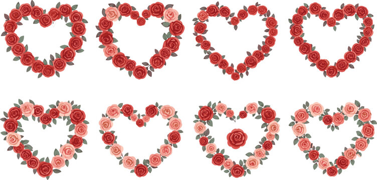 Heart shapes made of roses collection, romantic floral frames with red and pink flowers, love and Valentine theme illustration set for wedding, greeting cards and decoration design