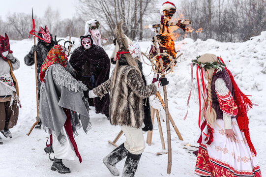 Celebration of traditional Maslenitsa with mummers