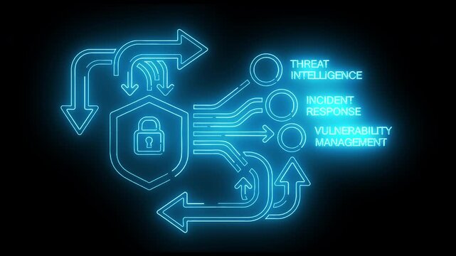 Glowing blue neon graphic illustrating cybersecurity concepts with threat intelligence, incident response and vulnerability management on a black background.