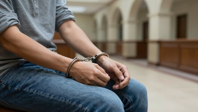 A man sits with hands cuffed in a courtroom setting.