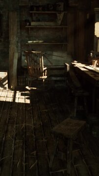 dramatic shadowed attic with angular light falling across dusty ladder and scattered crate, quiet empty loft filled with texture, cobwebs and muted vintage