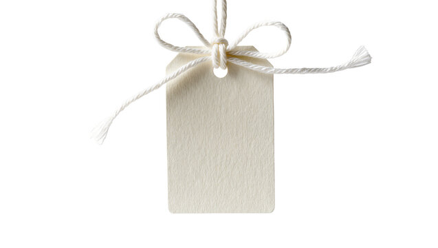 Blank textured paper tag tied with white string bow, isolated on transparent background