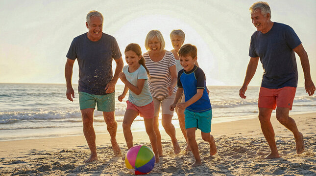 Fotograf&iacute;a hiperrealista de familia jugando con pelota en la playa, risas, movimiento natural, luz brillante