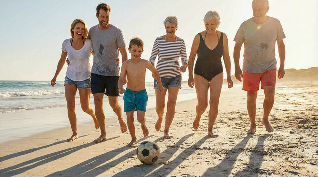 Fotograf&iacute;a hiperrealista de familia jugando con pelota en la playa, risas, movimiento natural, luz brillante