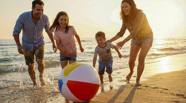 Fotograf&iacute;a hiperrealista de familia jugando con pelota en la playa, risas, movimiento natural, luz brillante