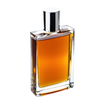 Rectangular glass perfume bottle with amber liquid and silver cap, isolated on transparent background