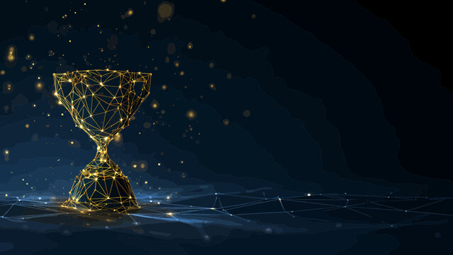 A golden geometric trophy represents achievement and success, adorned with sparkling lights and a digital network on a dark, abstract surface.