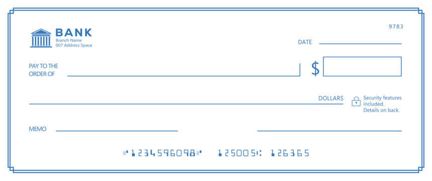 Bank check, vector blank money cheque, checkbook template with guilloche pattern and fields. Currency payment coupon, money check background