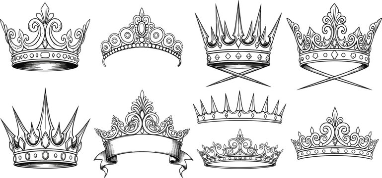 Vintage crown collection in black and white line art, royal tiaras and king crowns with ornate details, elegant heraldic illustration set for luxury, monarchy and tattoo design
