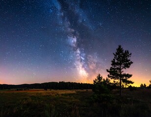 Fototapeta premium Night sky over a field with a Milky Way
