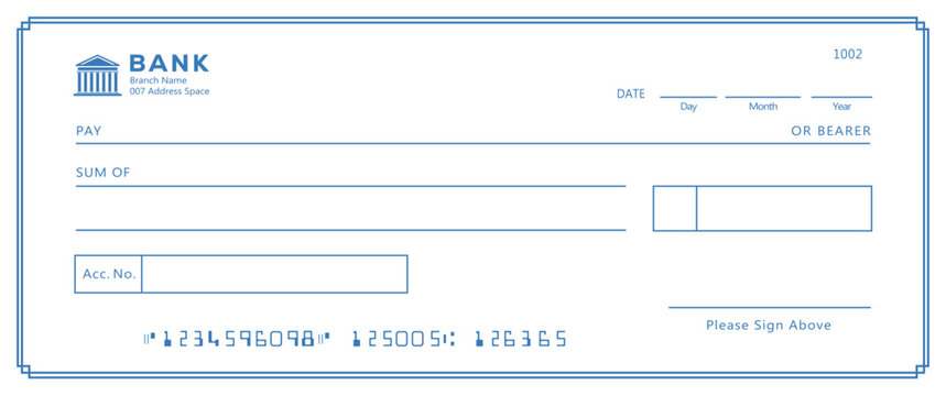 Bank check, vector blank money cheque, checkbook template with guilloche pattern and fields. Currency payment coupon, money check background
