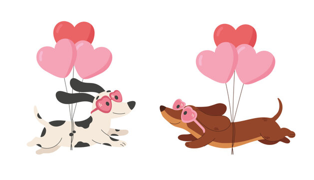 Cute funny dogs with heart balloons, dalmatian and dachshund puppies, Valentine concept, vector illustration