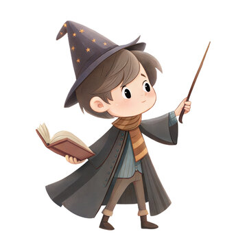 Charming watercolor young wizard student. Elegant hand-painted little mage boy with an open book, striped scarf, and a magic wand for nursery decor isolated on white.