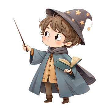 Charming watercolor young wizard student. Elegant hand-painted little mage boy with freckles, striped scarf, and a magic wand for nursery decor isolated on white.