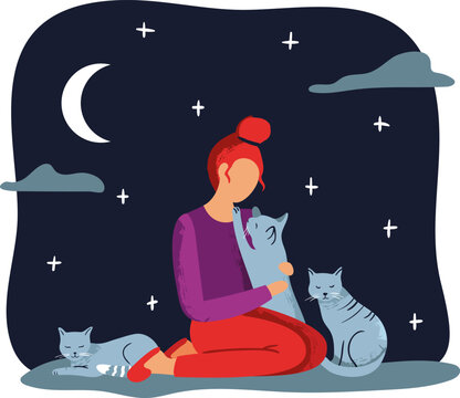 Woman cuddling cat at night under stars and moon