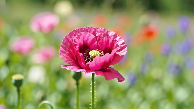 Beautiful pink poppy flower blooming in a vibrant summer garden.