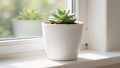 Fototapeta premium White ceramic plant pot with succulent on sunny windowsill mockup
