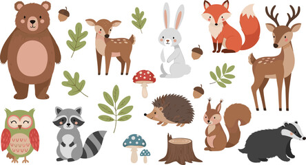 Fototapeta premium Comprehensive Woodland Animal Vector Set Featuring Cute Bear, Fox, Deer, Owl, and Squirrel with Forest Nature Elements for Children's Nursery Decor and Stationery Designs