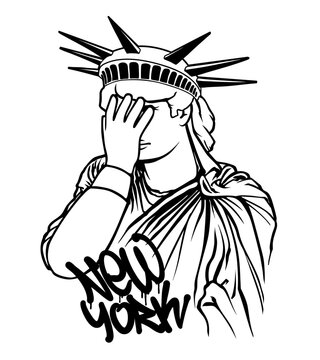 Statue of Liberty facepalm meme illustration covering face with hand symbol of disappointment funny parody concept for t shirt design apparel print streetwear graphic merchandise poster sticker