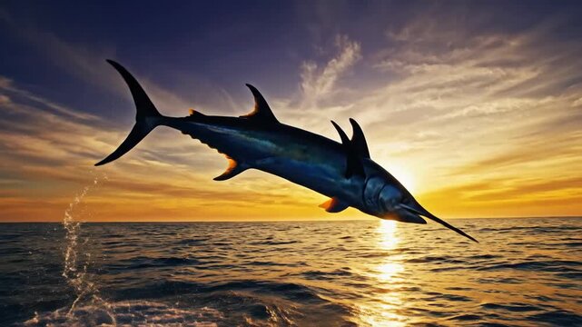 Marlin Leaping From Ocean At Sunset