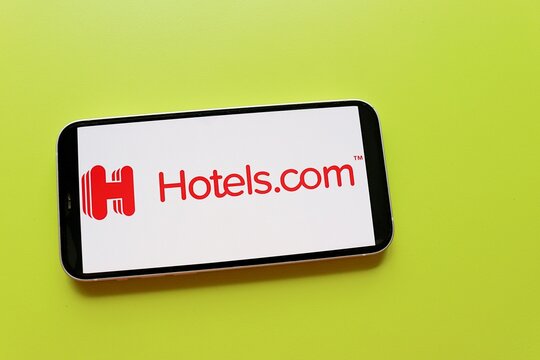 S&atilde;o Paulo, Brazil - April 8, 2026: Hotels.com logo on a smartphone screen. Online hotel booking concept. Hotels.com app. 