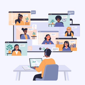 Person working remotely on a laptop, participating in a large video conference with multiple diverse participants.