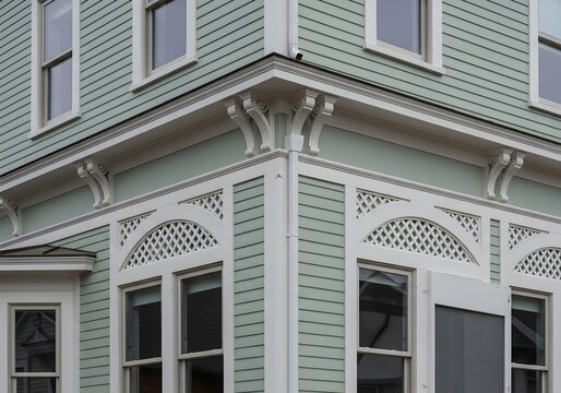The decorative architectural embellishments adorn the corner of a bright, inviting dwelling during the vibrancy of daylight, showcasing the craftsmanship of residential design with fascinating