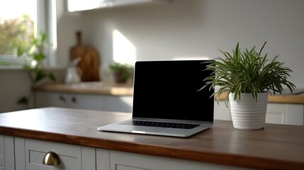 Fototapeta premium A clean workspace featuring an open laptop and a potted green plant arranged on a modern wooden countertop bathed in natural daylight