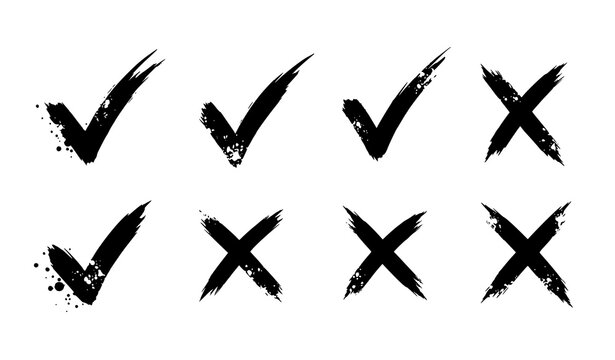 Grunge tick and cross brush set with scribble marks for yes no true false and approval rejection design