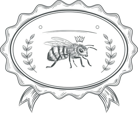Queen bee illustration wearing crown in vintage label design