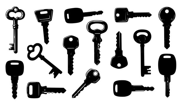 Hand-drawn realistic keys vector set with vintage and modern designs isolated on white