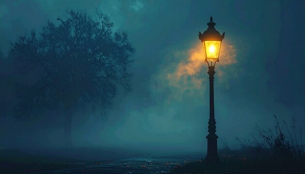 Illuminated streetlamp amidst misty landscape, silhouetted tree, soft light