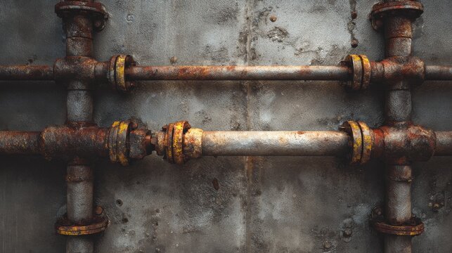 Close-up of corroded metal pipes and joints against a weathered, industrial backdrop, showing rust and age