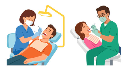 Fototapeta premium Family dental checkup with a dentist and two patients wearing masks