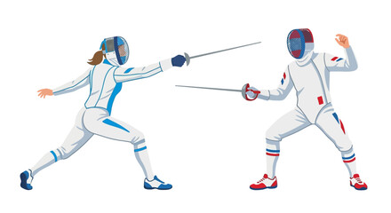 Fototapeta premium Two fencers engaged in a bout displaying dynamic athletic poses