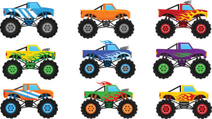 Comprehensive Monster Truck Vector Illustration Set Featuring Colorful Flame Graphics and Large Tires for Offroad Racing, Extreme Sports Events, and Automotive Designs © MstRakha