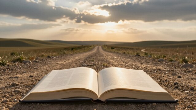 An open book rests on a dirt path leading into the horizon under a dramatic sunset sky.