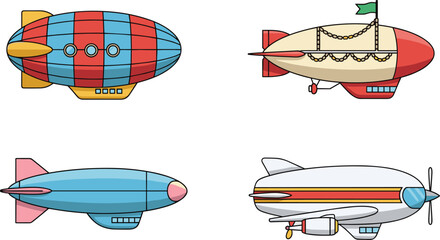 Airship Blimp Illustration Set with Vintage Zeppelin and Modern Flying Balloon Designs for Aviation Travel and Advertising Collection © Sanjida