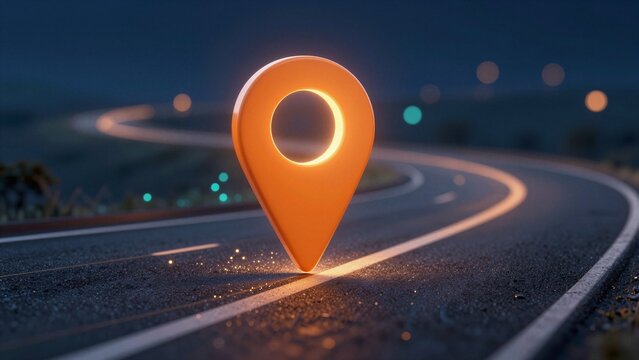 Glowing orange location pin on a winding road at night, symbolizing strategic technology planning and innovation.