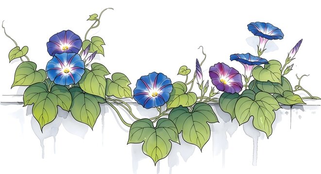 Vibrant blue and purple morning glory flowers gracefully bloom, adorning a rustic white wall with lush green foliage, creating a serene and picturesque botanical illustration