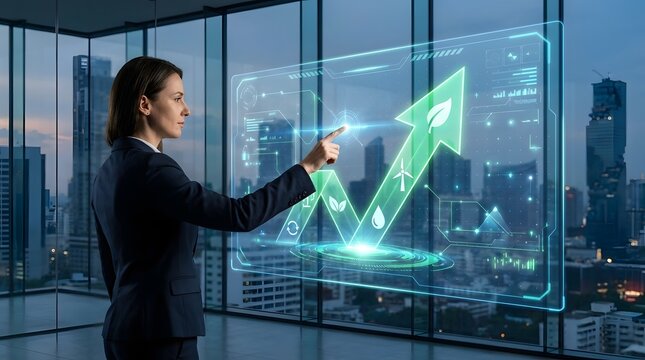 A professional woman interacts with a futuristic holographic display showing sustainable growth trends against a city backdrop