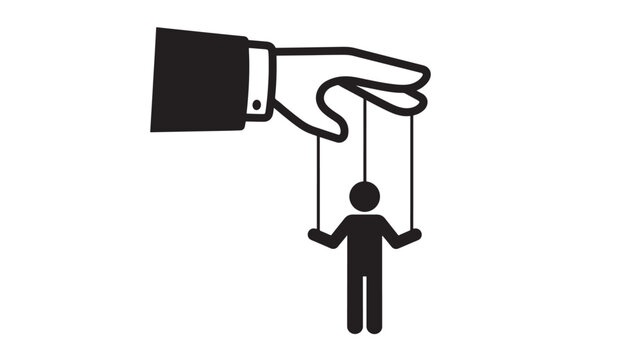 Puppet icon with a hand controlling it from above using strings, representing control and manipulation concepts