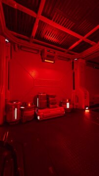 red maintenance alcove with toolbox and panels, scattered spares and battery dock, cable bundles and charger units, workbench silhouette under warm emergency
