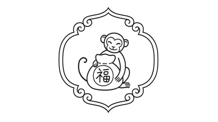 Obraz premium Monkey holding a money bag with the Chinese character for 'fortune' inside a decorative frame, black and white line art