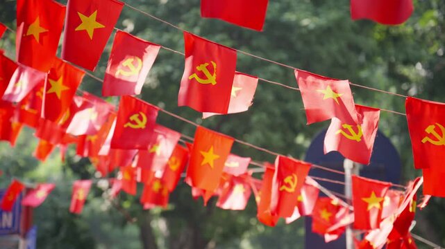 Vietnamese and communist party flags waving in wind in Hanoi, showcasing national pride and political identity during a celebration of Socialist Republic of Vietnam