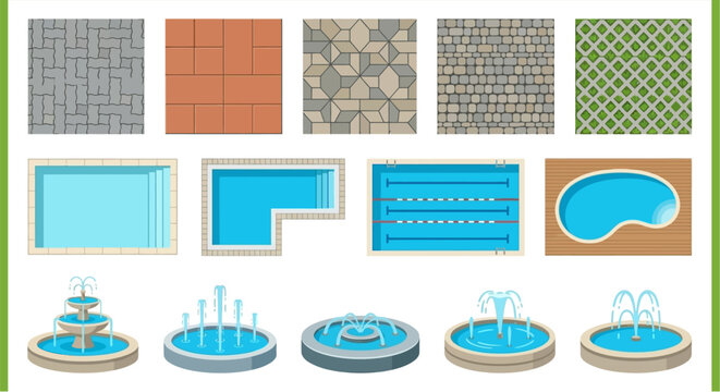 Variety of tile patterns swimming pools and decorative water fountains