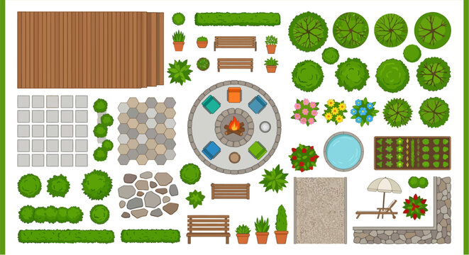 Aerial view of a colorful garden with patio fire pit and furniture
